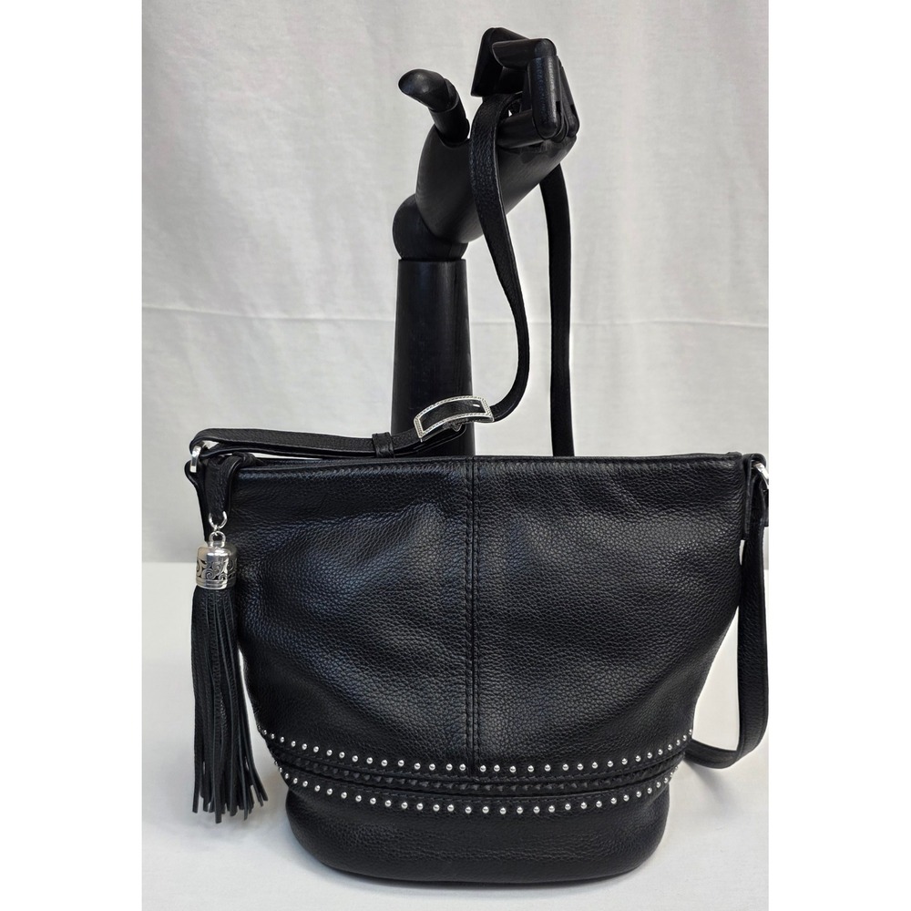 Brighton Black Pebbled Leather Studded Tassel Crossbody Bucket Bag U277754
